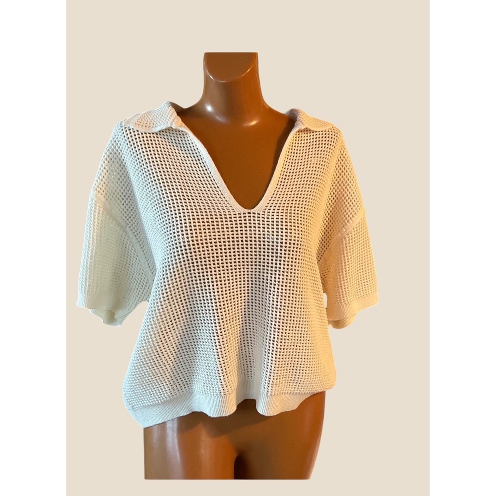 Vanessa Bruno Crochet Knit Polo Sweater Ecru Cream Mesh Short Sleeve Large NWT